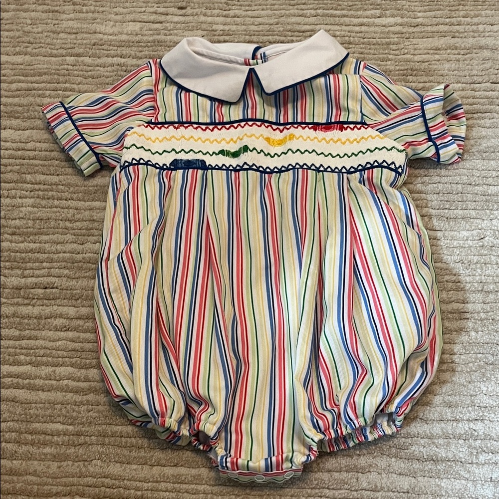 Striped Multicolor Kids One Piece smocking bird smocked crayons 3T bubble